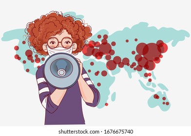 Young girl in white medical mask shouting on the megaphone. World map background. Concept of corona virus quarantine vector illustration
