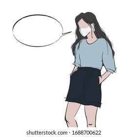 Young girl in a white medical mask, t-shirt and skirt.  Paste the phrase into empty speech bubble. Thinking balloon concept. Sketch. Vector illustration.