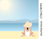 Young girl in White swimming suit and hat sits on the beach and looks at the sea. Vector stock flat illustration with empty space for your text. Template for postcards, banners, social media.