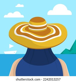Young girl in wide brimmed hat looks at sea. Back view. Seascape, vacation at beach resort. Flat cartoon vector illustration