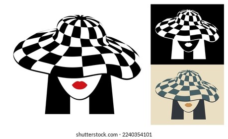 Young girl in wide checkered hat with long black hair. Sketch of female character with black lines. Minimalistic Vector isolated on white background