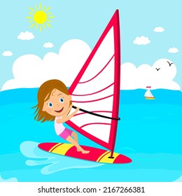 Young girl windsurfing  in the sea,illustration vector