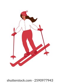 Young girl in winter clothes, short down jacket, hat and trousers on skis - vector color flat illustration, character for design