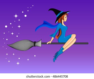 Young girl - a witch flying on a broomstick.