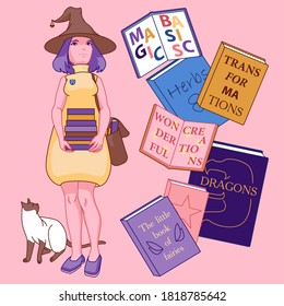 Muchacha con sombrero de bruja con libros de magia y gato dulce. Ilustraciones vectoriales planas.