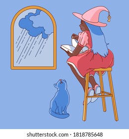 Young girl in a witch hat reading book on a rainy day. Witch and her cat. Flat vector illustration.