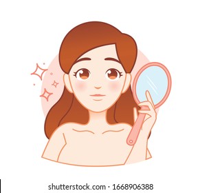 Young girl without acne. Сute cartoon illustration with a girl with perfect skin. Skincare illustration.