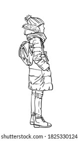 young girl without face in winter warm clothes, coat with hood and hat with bubo, stands with small backpack on her back, hands in pockets View from side. Sketch vector drawing Hand drawn illustration