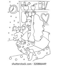 the young girl woke up hand drawing cartoon outline for coloring isolated on the white background