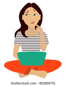 Young girl, young woman, barefoot and wearing casual clothes, sitting on floor with laptop, thinking. Flat vector illustration, perfect to illustrate freelancing, distance learning or on-line shopping