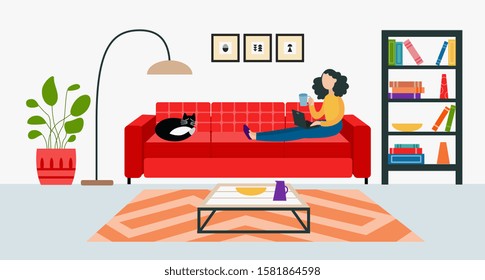 Young girl or woman cartoon character sitting on sofa and reading book in living room with bookshelves, flat vector illustration isolated on white background.