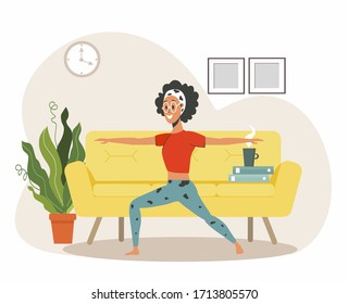 A young girl, a woman, engaged in gymnastics, yoga in a comfortable apartment, in her free time, a hobby. Stay home concept. Isolated vector illustration in a flat style. Physical exercises.