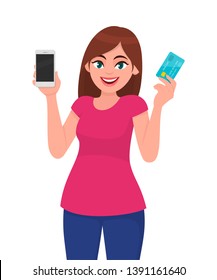 Young girl, woman or female holding/showing mobile, cell, smart phone and credit, debit or ATM card. Modern lifestyle and latest new digital device payment technology concept illustration in cartoon.