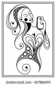 Young girl (woman, female) taking selfie photo with mobile phone (smartphone). Suitable for invitation, flyer, sticker, poster, banner, card,label, cover, web. Coloring book page. Vector illustration.