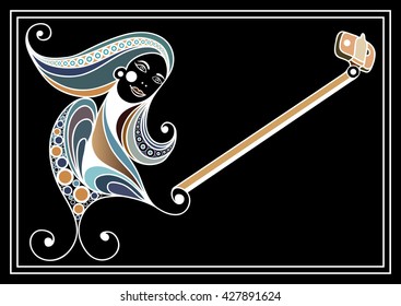 Young girl (woman, female) taking selfie photo with mobile phone (smartphone). Suitable for invitation, flyer, sticker, poster, banner, card,label, cover, web. Vector illustration.