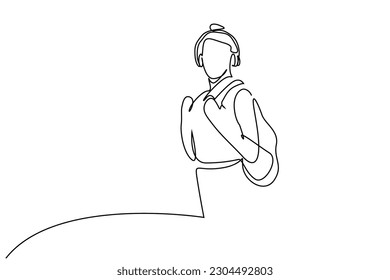 young girl woman headphones backpack happy posing line art