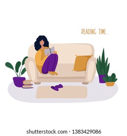 Young girl or woman and her hobby or daily activity - reading on sofa, relaxing and having rest alone with book in cozy room, free time and leisure. Cute female character reads at home. flat vector