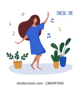 Young girl or woman and her hobby or daily activity - dancing in room to music, enjoy dancing, free time and leisure. Cute female character at home with potted plants. flat style, vector illustration