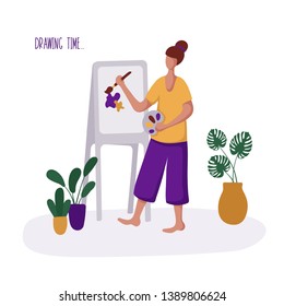 Young girl or woman and her hobby or daily activity - art and painting or drawing. Cute female character in room with potted plants, flat style, vector illustration