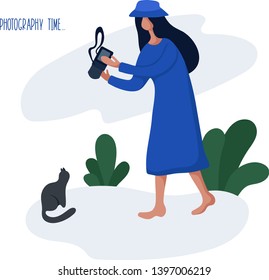 Young girl or woman and her hobby or daily activity - photographing nature and landscapes, walking with a camera. Cute female character and cat, flat style, vector illustration