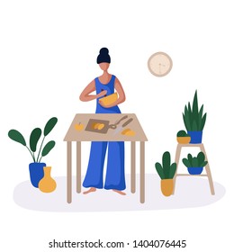 Young girl or woman and her hobby or daily activity - cooking or making food in the kitchen. Cute female character in room with potted plants, flat style, vector illustration
