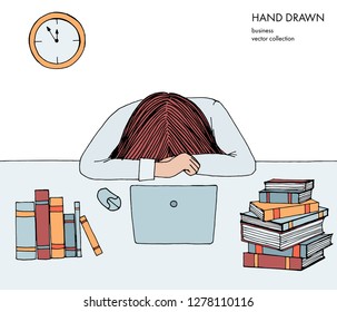 Young girl woman laid her head down on the table. Frustrated, exhausted, sleepy, tired of work. Laptop, computer, pc, books. Hand drawn colored vector sketch illustration isolated on white background