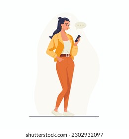 Young Girl, Woman is Looking on Smartphone and Chatting. Happy Girl, Women in Yellow Jacket Talking, Typing on Phone. Full Body Flat Cartoon Character in Casual Clothes. Vector Illustration