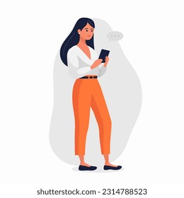 Young Girl, Woman is Looking on Smartphone and Chatting. Happy Girl, Women Talking, Typing on Phone. Full Body Flat Cartoon Character in Casual Clothes. Vector Illustration