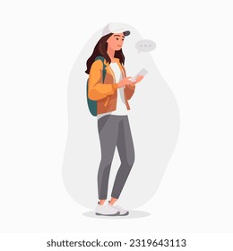 Muchacha, mujer mira en Smartphone y charla. Chica feliz, las mujeres escriben por teléfono. Personaje de caricatura plano y corporal en ropas casuales. Ilustración vectorial