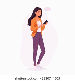 Young Girl, Woman is Looking on Smartphone and Chatting. Happy Girl, Women is Typing on Phone. Full Body Flat Cartoon Character in Casual Clothes. Vector Illustration