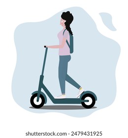 Young girl, woman on a scooter. On a blue and white background. Concept - scooter rental.