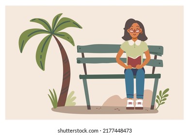 Young girl or woman reading book on bench at park in flat cartoon style. Isolated vector illustration.