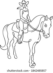 Young girl woman rider riding a horse. Equestrian sport concept. Continuous single line.Flat sketch line design style minimal artline ink  illustration.