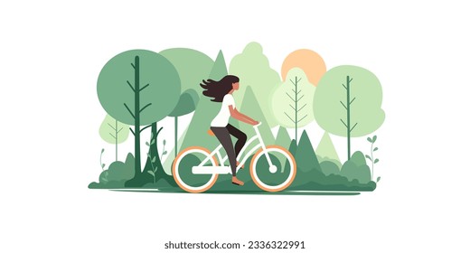 Young girl, woman rides a bicycle in the park. The concept of a healthy lifestyle, sports, ecological transport, clean air, active life. Flat illustration