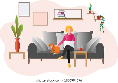 A young girl or woman is sitting on the couch with a laptop and stroking a ginger cat. The concept of remote work or learn due to COVID-19.