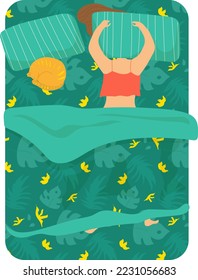 Young girl woman sleeping together cat toy bunny soft mattress bed dreams vector illustration, isolated on white. Cramped relaxing couch, character resting