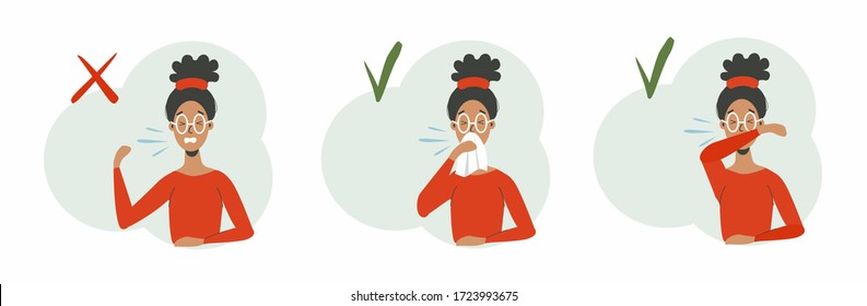 A young girl, a woman sneezes and coughs right and wrong, a cold. Woman coughs in elbow, handkerchief, tissue. Prevention from viruses and infections, infographics. Vector illustration in cartoon.