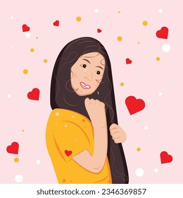 A young girl, a woman, a teenager, in a yellow T-shirt with dark long hair, in love and happy to tears. Hearts are everywhere. EPS10 vector illustration.