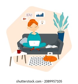 The young girl or woman is typing on a laptop. Concept for distance education, remote job, freelance work, meeting conference, webinar, on-line courses, trainings. Vector flat illustration.