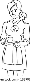 Young girl woman waiter with a tray of hot drink. Flat sketch line design style minimal artline ink vector illustration.