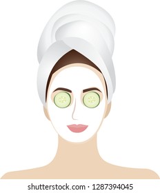 Young girl or woman with a white towel on her head doing Spa treatments, making a white mask on her face of clay and cucumbers on the eyes / eyelids. Girl takes care of the skin. Vector illustration