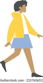 A young girl, women with curly hair, walks, stands in a yellow jacket, a sweater and a blue skirt. Flat drawing, character sketch. Simple drawing in pastel colors. Isolated vector illustration.