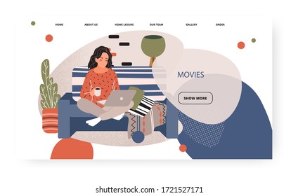 Young girl work with laptop sitting on sofa and drink coffee. Freelancer home office concept illustration. Vector web site design template. Landing page website illustration.