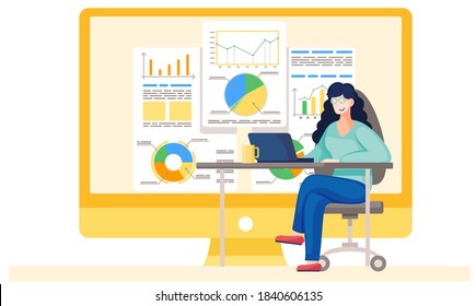 Young girl working and analyzing financial statistics . The female marketer studies information about the metrics. The smiling woman in glasses sits with a laptop and writes data. Business analysis