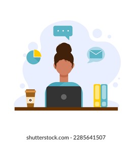 A young girl working from home or the office on a laptop computer. Or a freelancer. Vector illustration in flat style on a white background.