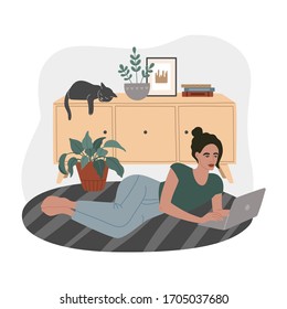 Young girl working at home on laptop, quarantine, cozy Scandinavian interior. Flat style illustration, isolated background. 