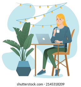 A young girl is working with a laptop in a cafe and drinking coffee. Home workplace during quarantine. The concept of a freelancer character. Workplace at home in a flat style. 