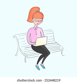 Young girl working with laptop color vector illustration