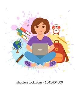 Young girl working on computer colorful vector education concept. Cartoon flat style illustration student with laptop, books, clock, and schoolbag. Female character freelancer. 