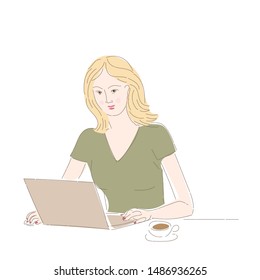 A young girl working on a laptop with a cup of coffee. Freelancer at home. Hand-drawn style vector illustration.